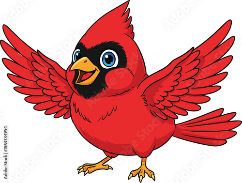 Cute red cardinal cartoon bird illustration, colorful flying bird character isolated on white background for kids, sticker, nursery, design use
