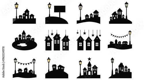 Set of various black silhouette small town city village houses with street lamps