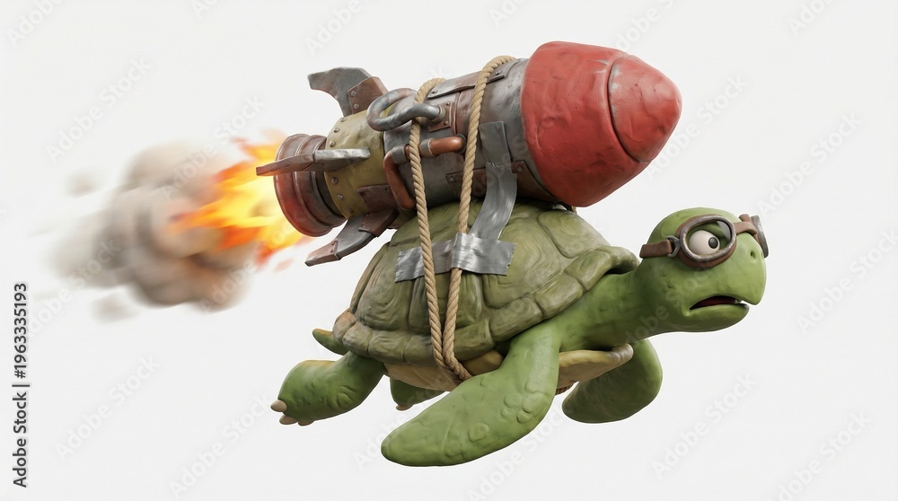 Fototapeta premium Humorous 3D Render Green Turtle with Rocket Engine Speeding Fast