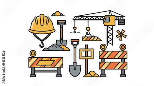 Construction Tools and Equipment Vector Icon Set. Outline Illustrations of Crane, Hard Hat, Shovel, and Safety Barricades for Building Site Design.