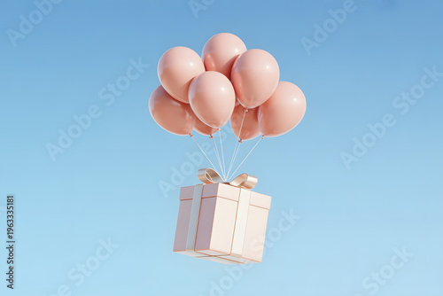 Pink gift box lifted by soft pink balloons against blue sky