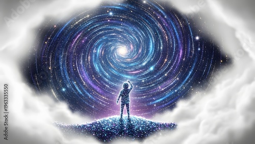 A lone individual gazes in awe at the magnificent swirling galaxy, reaching out towards the vast cosmic expanse