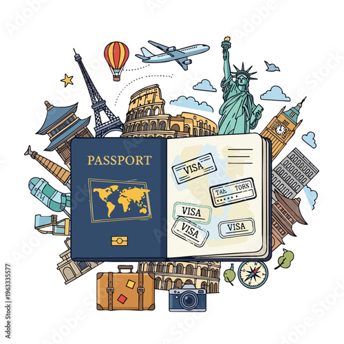 Open passport surrounded by iconic global landmarks, travel essentials, and visa stamps