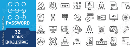 Password Security and Authentication Line Icon Set. Contain to related icons login protection, cyber security, encryption, VPN, biometric verification and access control. Editable stroke. Vector illus