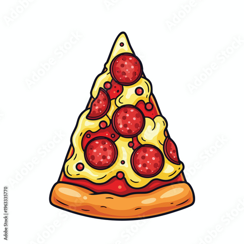 A slice of pizza with melted cheese and pepperoni, depicted in a cartoon style