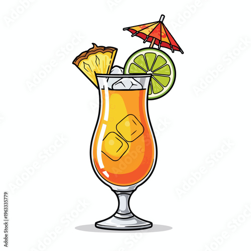 Tropical cocktail in a hurricane glass with pineapple, lime, ice, and umbrella