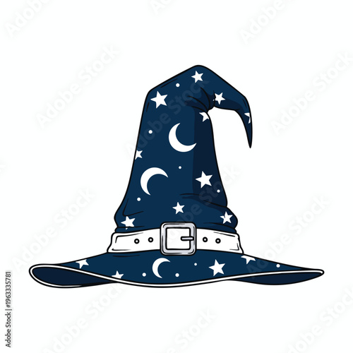 A dark blue pointed hat with white stars and crescent moons and a white belt