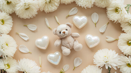 Teddy bear surrounded by white flowers and heart shaped pearls