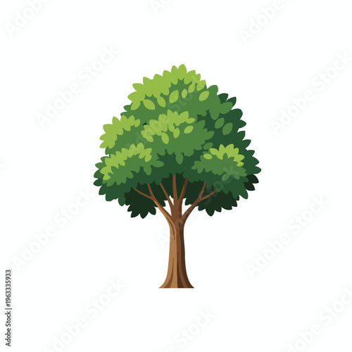 A stylized illustration of a deciduous tree with a brown trunk, branches, and vibrant green foliage