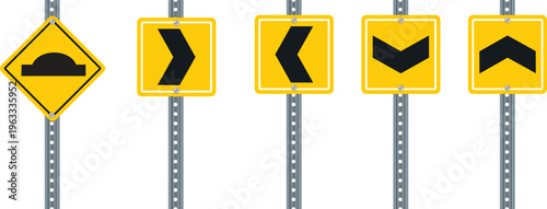 Yellow traffic arrow signs with speed hump and chevrons on poles