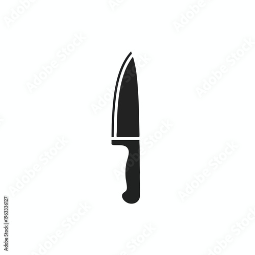 A minimalist black silhouette of a chef's knife on a white background