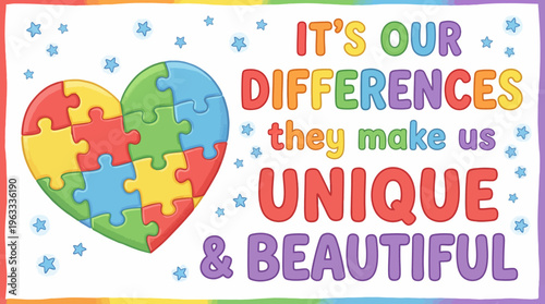 Colorful heart-shaped puzzle collage celebrating diversity and unity, with the message that our differences make us unique and beautiful.