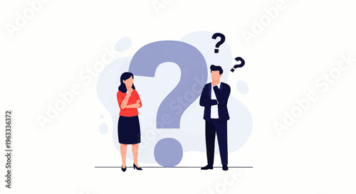 Flat design illustration vector of a puzzled businesswoman and man standing thoughtfully with a large question mark in a minimalist style.