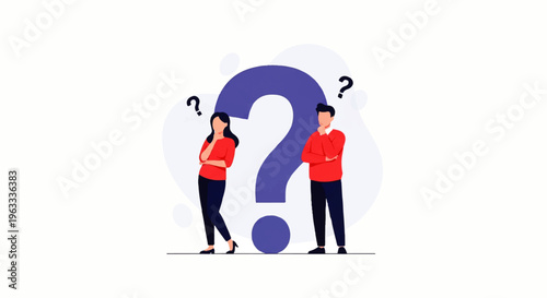 Flat design illustration vector of two people standing beside a large question mark in a simple, colorful style.