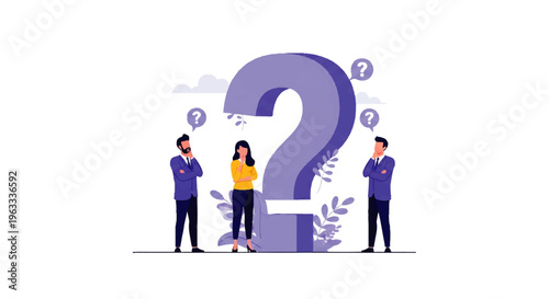 Flat design illustration vector of three people standing around a large question mark with thought bubbles, in a simple and modern style against a white background.