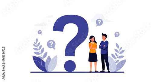 Flat design illustration vector of a man and woman standing next to a large question mark with thought bubbles and plants on a white background.