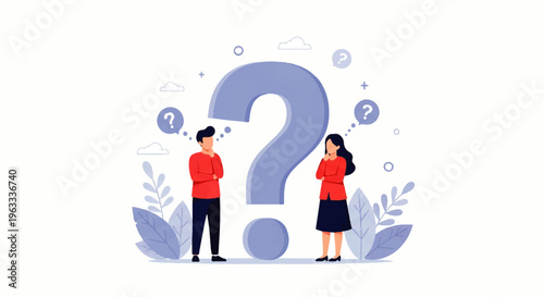 Flat design illustration of a man and woman standing beside a large question mark in a vector graphic with a thoughtful mood.