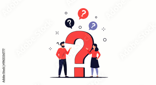 Flat design illustration of a man and woman standing beside a large question mark with thought bubbles in a vector graphic.