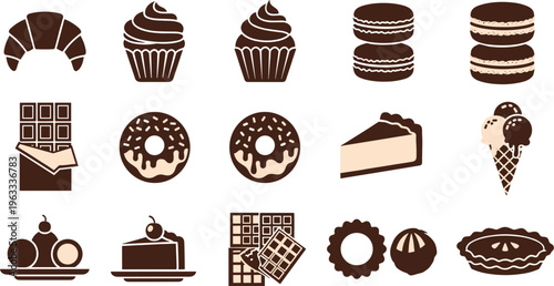 Chocolate Dessert Icon Set Featuring Croissant Cupcakes Macarons Donuts Cake Ice Cream and Sweet Pastry Treats for Bakery Menu and Cafe Designs