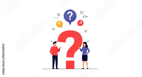 Flat design illustration vector of a man and woman standing thoughtfully around a large question mark with floating icons and symbols.