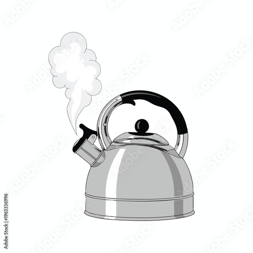 A silver whistling kettle with steam escaping from its spout