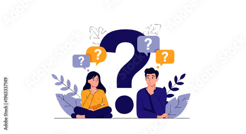 Flat design illustration of a man and woman sitting with question marks in a vector style against a white background.