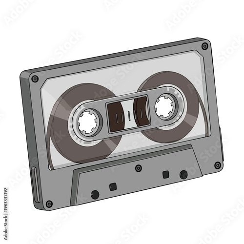 Gray cassette tape with brown tape visible on spools, isolated on white