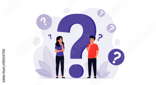 Flat design illustration vector of a man and woman standing thoughtfully with large question marks in a purple and white graphic composition.