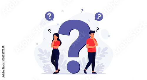 Flat design illustration vector of two people standing on either side of a large question mark in a thoughtful pose.
