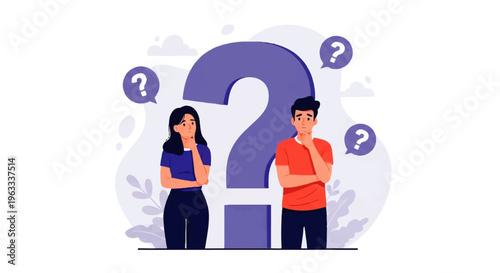 Flat design illustration vector of two people standing next to a large question mark with thought bubbles, conveying confusion in a minimalist style.