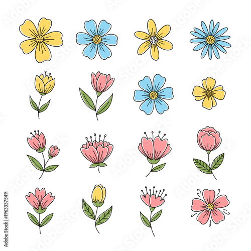 Set of Small Colorful Daisy and Bud Icons