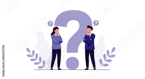 Flat design illustration of a puzzled businesswoman and man in blue attire standing thoughtfully beside a large question mark vector graphic.