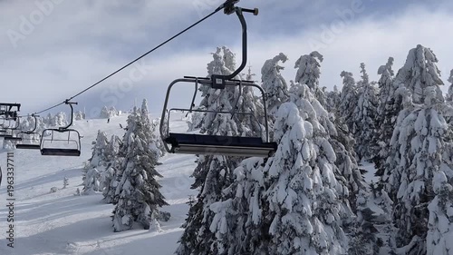 Snowy landscape against the background of Christmas trees and lifts, the concept of a ski holiday.