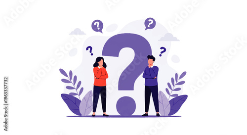 Flat design illustration vector of two people standing thoughtfully with a large question mark in a creative, stylized composition.