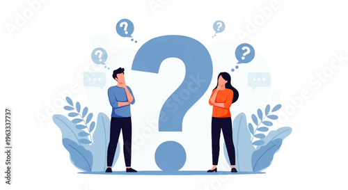 Cuadro en lienzo Flat design illustration vector of two people standing thoughtfully with a large question mark and speech bubbles in a minimalist style