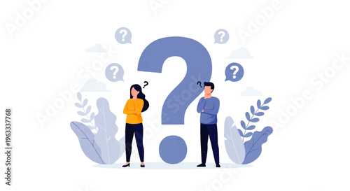 Flat design illustration of a man and woman surrounded by question marks in a vector graphic with a thoughtful mood.