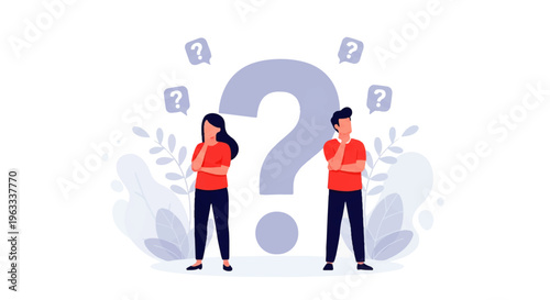 Flat design illustration vector of two people standing with puzzled expressions surrounded by question marks in a minimalistic style.