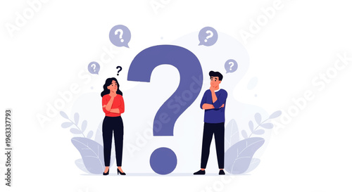 Flat design illustration vector of two people standing beside a large question mark with thought bubbles, conveying a puzzled expression in a simple, modern style.