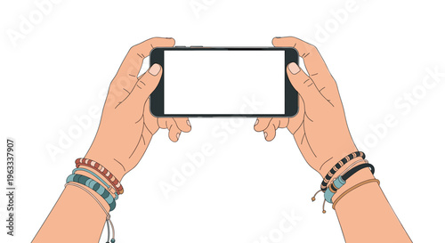Hands wearing colorful woven bracelets holding a smartphone in landscape orientation with a blank white screen over a white background.