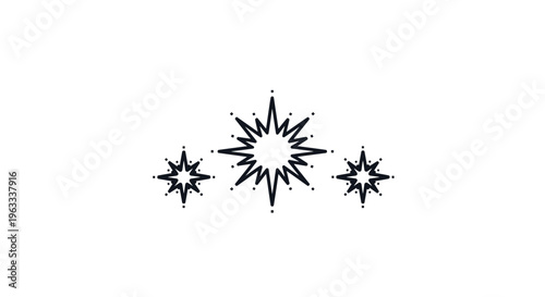 Minimalist vector illustration of three black starburst sparkles of different sizes arranged horizontally against a plain white background.