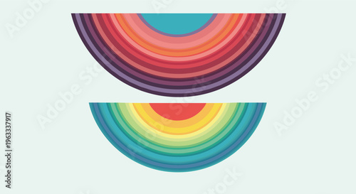 Abstract graphic design featuring two semi-circles composed of multiple concentric colorful lines against a light pale blue background.