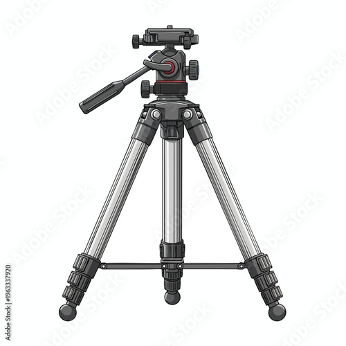 A detailed, stylized illustration of a black and silver camera tripod with adjustable legs