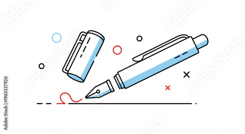 Stylized illustration of a blue and white fountain pen with its cap removed placed next to abstract shapes and a red squiggle line.