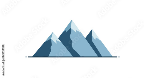 Stylized illustration of three sharp blue mountain peaks with snow covered tops arranged horizontally on a white background.