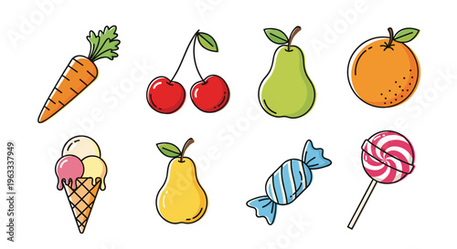 Collection of colorful cartoon illustrations of healthy fruits and sugary sweets including orange cherries pear candy and ice cream.