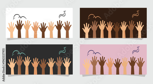 Set of four colorful banners showing diverse hands of various skin tones raised together symbolizing unity equality and community.
