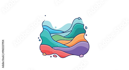 Vibrant abstract landscape illustration with organic wavy layers of various colors and floating dots on a white background.