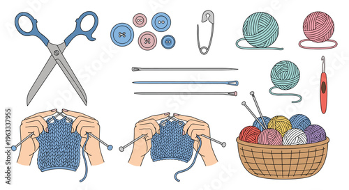 Comprehensive collection of knitting and sewing tools including scissors colorful yarn balls buttons needles and a basket of wool.