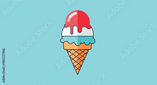 Delicious looking three scoop ice cream cone with red white and blue flavors on a bright turquoise background.