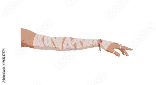 Realistic illustration of a human arm and hand wrapped in medical white bandages with small rings on the fingers over a white background.